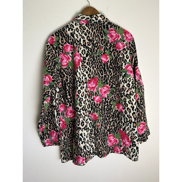 Nick & Nora XL Jungle Leopard Rose Flannel PJ Top Shirt Button Up Long Sleeve - Picture 3 of 4